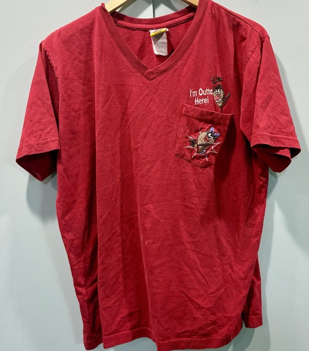 Y2K Looney Tunes Freeze Taz Pocket Tee She-Devil Red V Neck Embroidered Shirt 2X